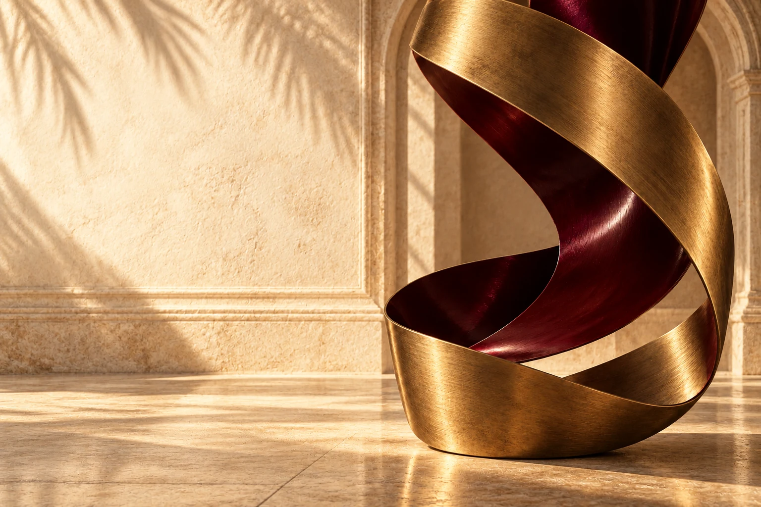 Brass and oxblood ribbon sculpture in a stone alcove, Serrano Atelier’s study in form